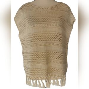 Chaps Boho Crochet Tassel Sweater Cream Open Knit Beach Festival Sz M/L